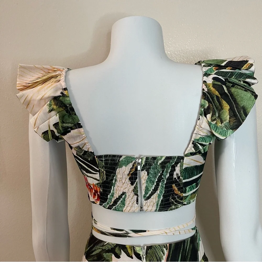 Green multi smocked back ruched crop top split thigh midi skirt set